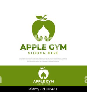 Strong green apple logo. Muscular apple vector. Strong apple isolated on a white background. Apple with muscle arm clip art Stock Vector