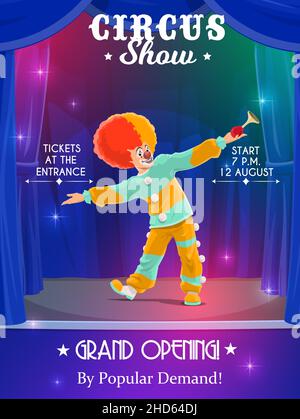 Shapito circus vector poster with cartoon clown on unicycle at funfair ...