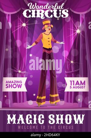 Shapito circus cartoon stilt acrobat on stage. Vector circus artist ...