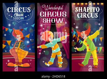 Shapito circus clowns and harlequin characters. Cartoon vector jesters, artists or performers on big top arena. Funsters in bright costumes perform on Stock Vector