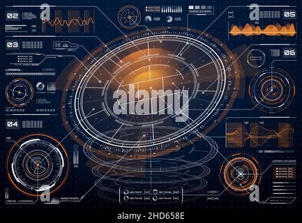HUD futuristic user digital screen interface, business technology infographics, big data analysis vector charts and graphs. Head up display dashboard Stock Vector