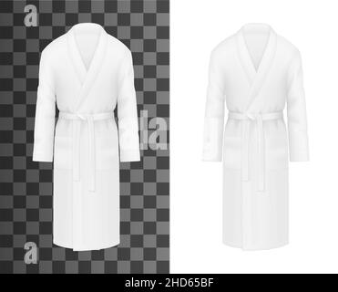 White bathrobe, realistic clothes of bath robe gown, vector mockup. Hotel and spa apparel template, shower robe of white soft cotton with belt, front Stock Vector