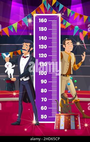 Kids height chart, circus characters, growth measure meter with shapito artists. Cartoon big top juggler with ape and magician with rabbit. Vector wal Stock Vector