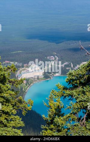 Aerial view of the Fairmont Chateau Lake Louise, a luxury hotel ...
