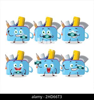 Photographer profession emoticon with blue pencil case cartoon character. Vector illustration Stock Vector