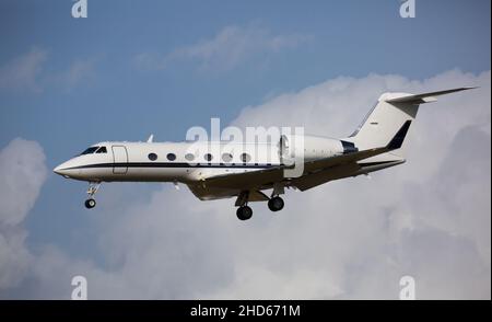 Private light jet during landing Stock Photo