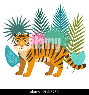 Cute wild tiger in jungle isolated on white background. Vector illustration.  Stock Vector