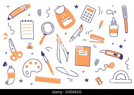School and office stationery set. Doodle pen, pencil, marker, notebook, ruler and backpack. Vector flat icons of education supplies, scissors, calculator, magnifier and paints Stock Vector
