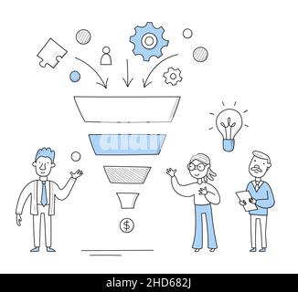 Business funnel concept with people and sales funnel. Vector doodle illustration of internet marketing strategy, diagram of online customer traffic management Stock Vector