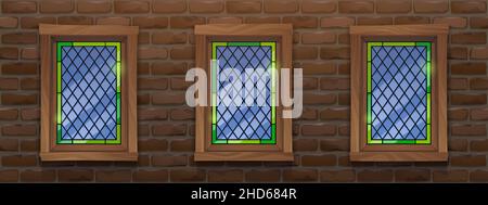 Windows, stained glass with diamond pattern and brown rectangular wooden frames on grunge wall made of red bricks front view. Abstract building facade. Realistic 3d vector home design, background Stock Vector