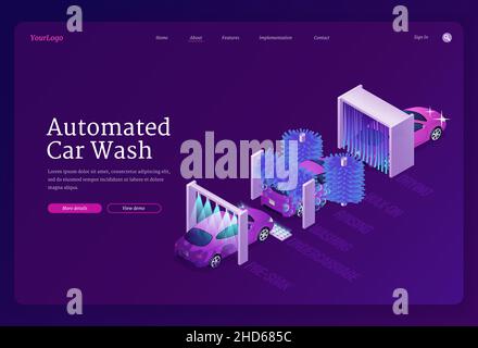 Automated car wash website. Vector landing page of carwash with isometric illustration of dirty and shiny vehicle after complex clean by water shower, brushes with foam and drying Stock Vector