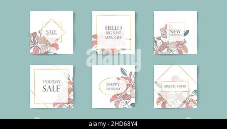 Set discount card templates on floral background.  Stock Vector