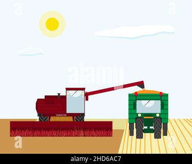 Harvesting from the fields. The work of the combine and the tractor to collect wheat Stock Vector