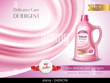 Delicate care detergent in plastic bottle ad poster with pink silk fabric realistic vector illustration Stock Vector