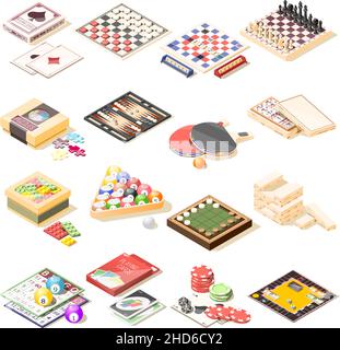 Board games isometric icons set of checkers chess playing cards roulette tennis bingo billiard puzzles vector illustration Stock Vector