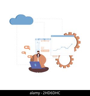 Team communication and project management concept. Cooperation, interaction of employees at work. Workflow and job organization in modern company. Fla Stock Vector