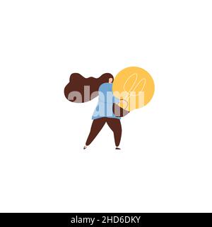 Concept of finding brilliant ideas. Woman with light bulbs. Business woman with light bulbs as symbol of solutions and knowledge. Flat vector illustra Stock Vector