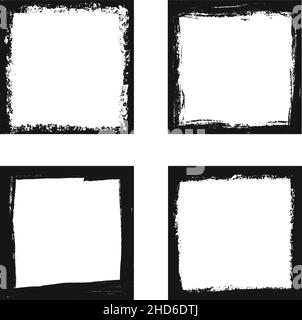 Grunge dirty square frames. Template with brush stroke. Rectangular and square border with grunge overlay. Set of vector illustrations isolated on Stock Vector