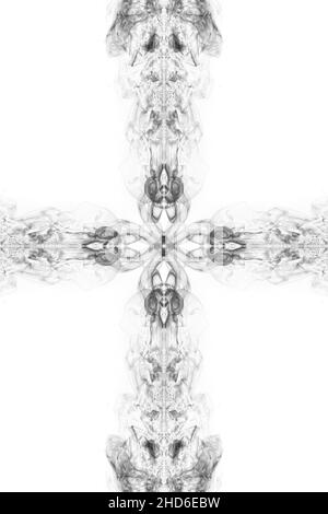 Abstract swirls and clouds smoke form fantastic silhouettes in shape cross on white background Stock Photo