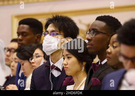 Feb 07, 2020-Gapyeong, South Korea-Thousands of couples take part in a mass wedding of the Family Federation for World Peace and Unification, commonly known as the Unification Church, at Cheongshim Peace World Center in Gapyeong-gun, South Korea. Stock Photo