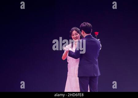 Feb 07, 2020-Gapyeong, South Korea-A Couple take part in a mass wedding of the Family Federation for World Peace and Unification, commonly known as the Unification Church, at Cheongshim Peace World Center in Gapyeong-gun, South Korea. Stock Photo