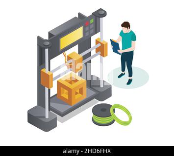 3D printer, vector isometric illustration. Additive manufacturing technology and prototype concept. Stock Vector