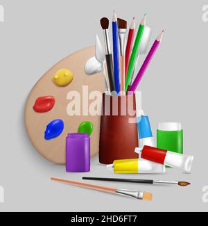 Realistic artist palette, painting brushes, paint tubes, jars, knives, pencils, vector illustration. Art tools, supplies Stock Vector