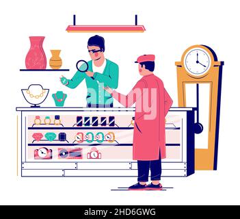 Pawn shop. Customer bringing expensive jewelry to pawnbroker looking at it under magnifying glass, vector illustration. Stock Vector