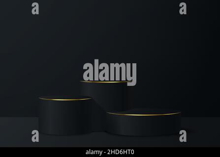 Black, golden realistic podium. Vector abstract studio room with 3D geometric platform. Luxurious minimal stage for product showcase, advertising Stock Vector