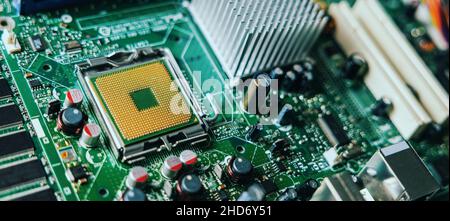 CPU on motherboard - computer hardware maintenance and repair. banner Stock Photo