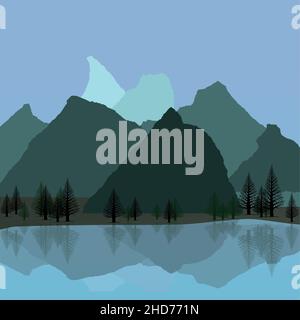 A vector illustration of a mountain landscape with a lake and pine trees. The reflection of the mountains and trees is visible in the water. Stock Vector