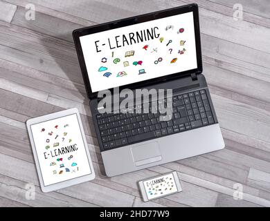 E-learning concept shown on different information technology devices Stock Photo