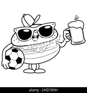 Cartoon hamburger with a soccer ball drinking beer. Black and white coloring page. Stock Photo