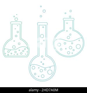 Chemical test tubes vector icons set minimalist flat illustrations. Experiment chemical flasks for science isolated on white background. Stock Vector