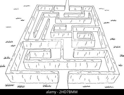 Garden maze bush graphic black white sketch top aerial view illustration vector Stock Vector