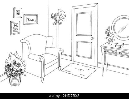 Hallway graphic black white home interior sketch illustration vector ...