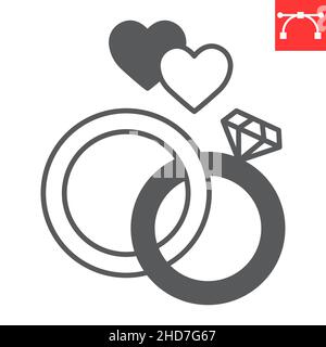 Wedding rings glyph icon, valentines day and jewel, wedding ring vector icon, vector graphics, editable stroke solid sign, eps 10. Stock Vector