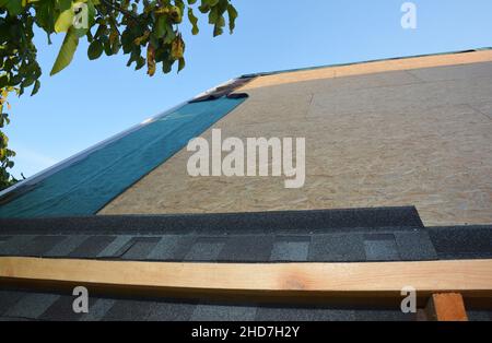 New roofing construction and asphalt shingles installation. A close-up of asphalt shingles installation on plywood, osb roof sheathing and waterproofi Stock Photo