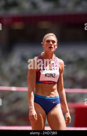 Annie Kunz participating in the High Jump of the heptathlon at the Tokyo 2020 Olympic Games. Stock Photo