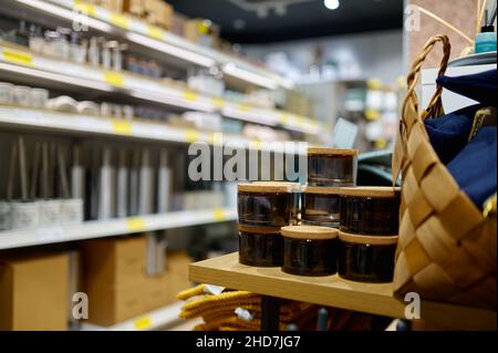 Household goods shopping center showcase selective focus Stock Photo