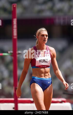 Annie Kunz participating in the High Jump of the heptathlon at the Tokyo 2020 Olympic Games. Stock Photo