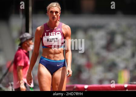 Annie Kunz participating in the High Jump of the heptathlon at the Tokyo 2020 Olympic Games. Stock Photo