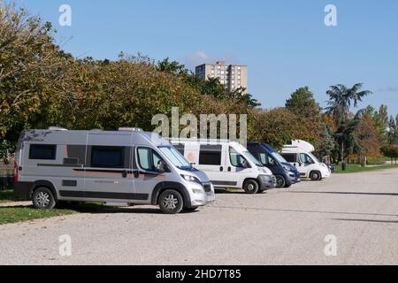 campervans parked in the motorhome aire ,Chalon-sur-Saône, Saône-et-Loire,  Bourgogne-Franche-Comté,France Stock Photo