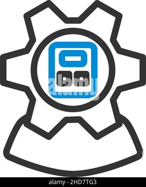 Analyst With Gear Hed And Calculator Inside Icon. Editable Bold Outline With Color Fill Design. Vector Illustration. Stock Vector