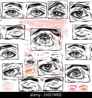 Hand drawn vector abstract flat stock graphic icon illustration sketch ,seamless pattern with manga female eyes,drops and simple textured collage Stock Vector