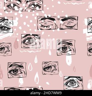 Hand drawn vector abstract flat stock graphic icon illustration sketch ,seamless pattern with manga female eyes and simple textured collage shapes Stock Vector