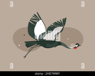 Hand drawn vector abstract cartoon modern graphic African Safari Nature concept illustrations art with flying Crane bird isolated on pastel color Stock Vector