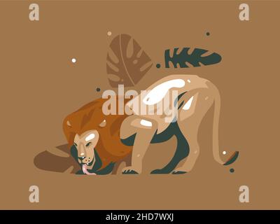 Hand drawn vector abstract cartoon modern graphic African Safari Nature concept collage illustrations art card with lion animal and tropical palm Stock Vector