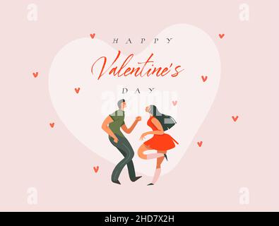 Hand drawn vector abstract cartoon modern graphic Happy Valentines concept illustrations art card with dancing couple people together and Happy Stock Vector