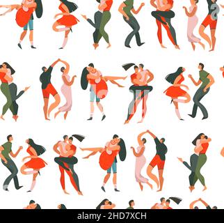 Hand drawn vector abstract cartoon modern graphic Happy Valentines day concept illustrations art seamless pattern with dancing couples people together Stock Vector